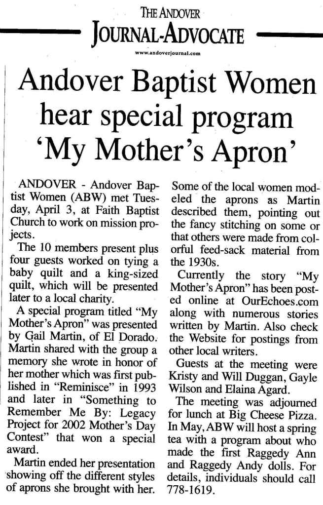 Gail Martin's program on vintage aprons - newspaper clipping. 
